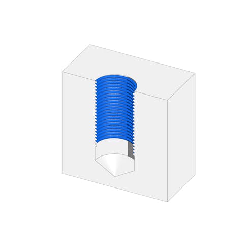 Cross section of a threaded hole in a block.